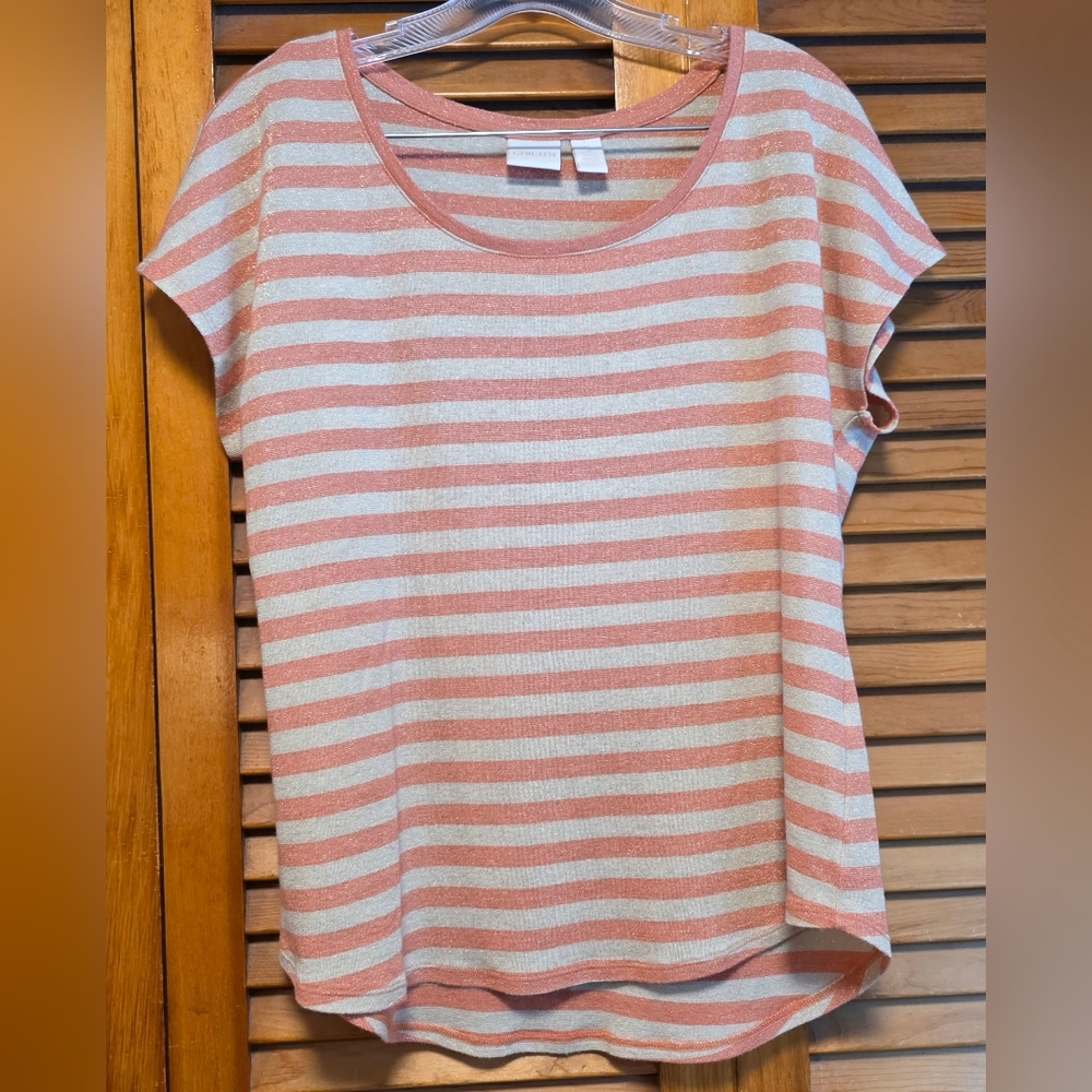 Chico's Size 2 (US Large)Metallic Striped Short Sleeve Tee Pink Tan Gold Shimmer